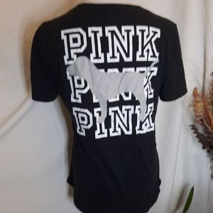 Pink tee sz LG black, white and light grey